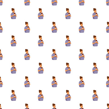Repeated cartoon illustration of a happy woman enjoying a chocolate bar
