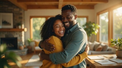 Fototapeta premium Happy Couple Hugging in Cozy Modern Living Room