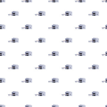 Repeating factory machine pixel art on a white background creating a seamless digital pattern