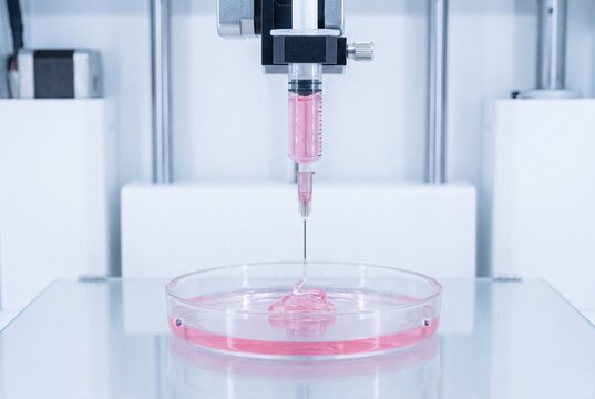 Bioprinter nozzle dispensing pink bioink into a petri dish for tissue engineering and regenerative medicine research.