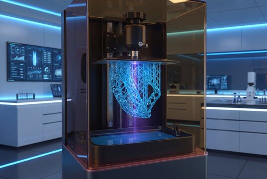 Advanced 3D printer in a futuristic laboratory creating a complex blue resin object with UV light.