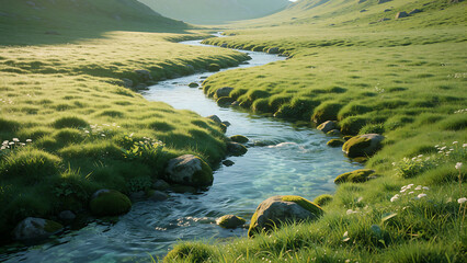 Naklejka premium Meandering River Through Lush Green Valley, Peaceful Nature Landscape, Scenic Countryside Illustration