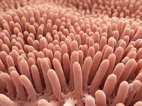 Microscopic view of intestinal villi resembling forest, showcasing intricate structures