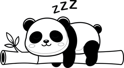 Sleeping panda illustration black and white line art on a white background © MDRifat