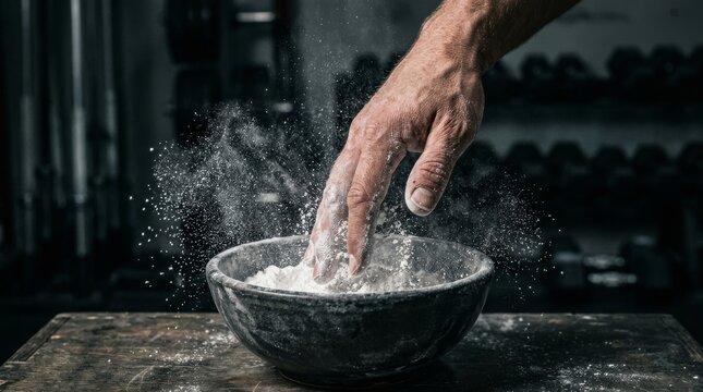 A hand sifts flour into a bowl on a wooden table.