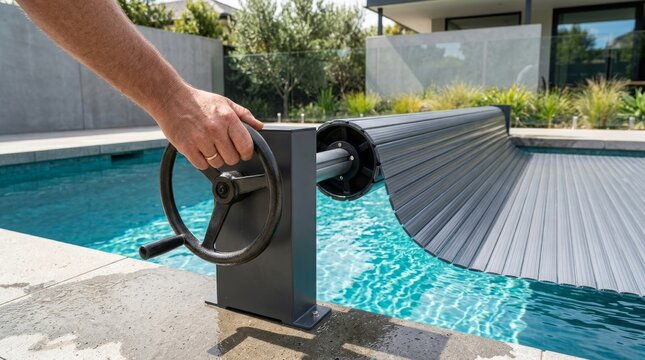 A person operates a pool cover roller by turning a hand crank