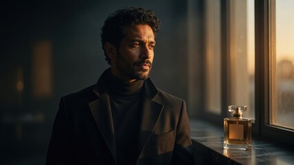 Fototapeta premium Confident Man Standing by Window with Perfume Bottle