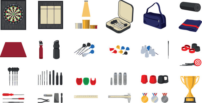 Professional darts equipment and tournament icons set with dartboard shafts flights trophies cases medals and repair tools vector