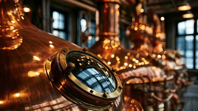 Gleaming copper stills with reflection in porthole windows in a distillery