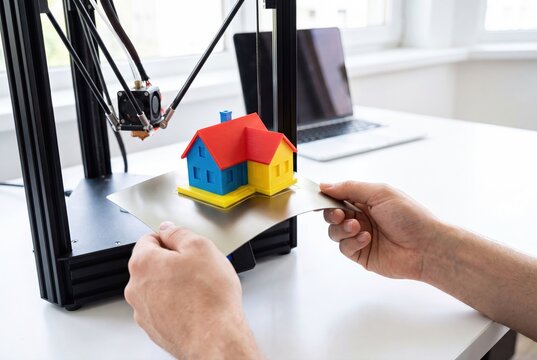 Close-up of a 3D printer creating a colorful miniature house model on a metal build plate, with a laptop in the background.