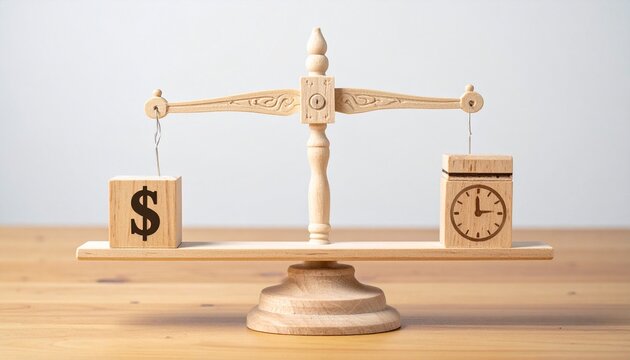 Wooden balance scale with money and time cubes&hellip;