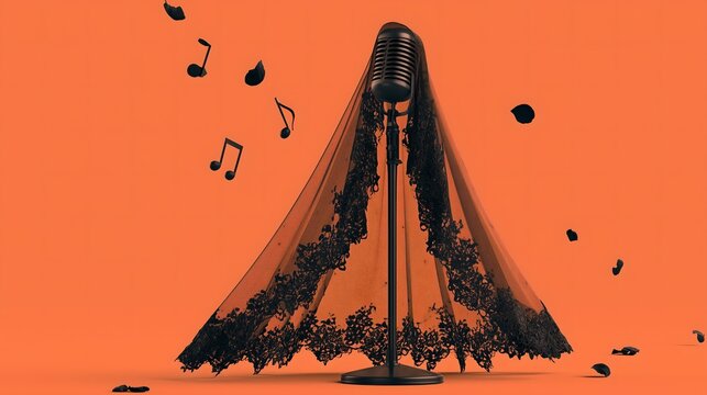 Vintage retro metal microphone draped with black lace veil, floating dark rose petal silhouettes, scattered musical notes, solid orange Halloween backdrop, spooky musical asset for karaoke flyers
