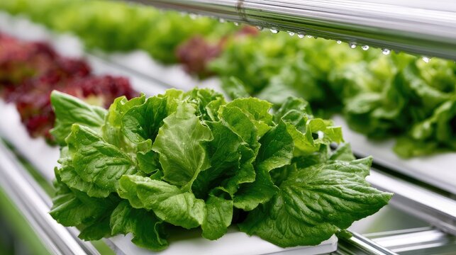 Fresh green lettuce growing in a clean, modern hydroponic system