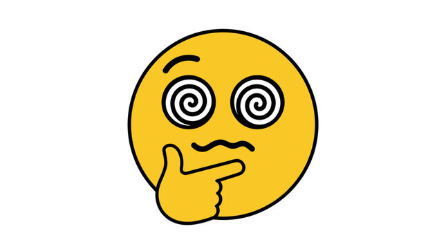 Dizzy Face Emoji Thinking: A yellow emoji with spiral eyes and a furrowed brow contemplates a difficult question, pondering with a finger to its chin.