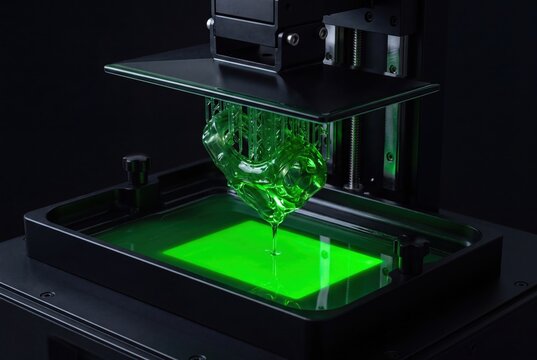 Close-up of a 3D resin printer in action, creating a green translucent object with UV light.