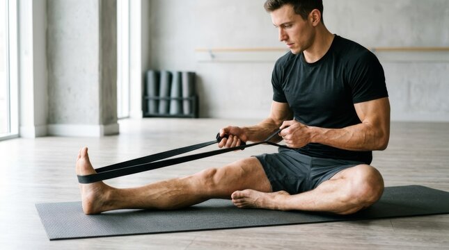 Man sits on a mat and stretches his leg with a strap.