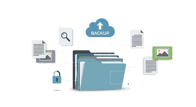 Conceptual illustration of cloud backup technology with files and documents.