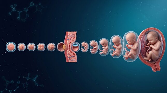 A detailed illustration of human embryo development from fertilization to birth