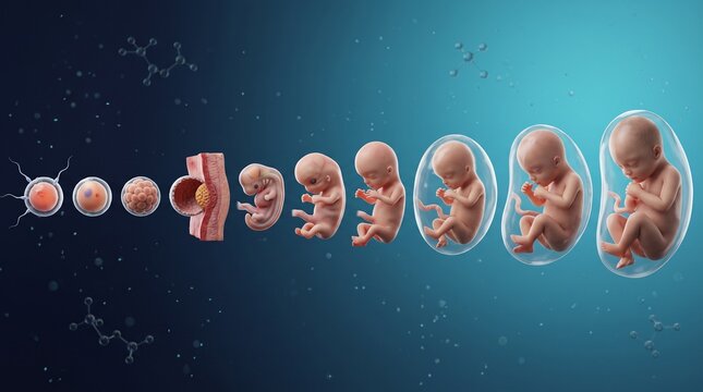 A series of embryos developing from fertilization to fetal stages in a womb