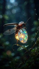 Naklejka premium Firefly holding a glowing opal gemstone on a plant