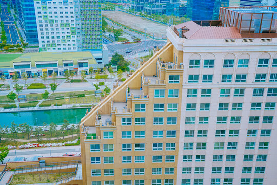 Songdo, Incheon, South Korea; 05 04 2025: The beautiful landscape of Songdo island International Business District (Songdo IBD) in South Korea. It is connected to Incheon airport