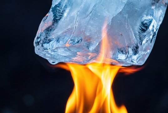 Close-up macro shot of a large ice chunk melting under intense orange flames, creating a dramatic contrast.