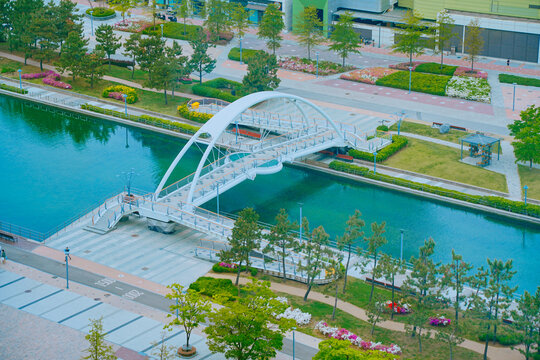 Songdo, Incheon, South Korea; 05 04 2025: The beautiful landscape of Songdo island International Business District (Songdo IBD) in South Korea. It is connected to Incheon airport