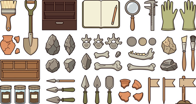 Archaeology and paleontology field research tools vector set with fossils, bones, ancient pottery shards, shovel, and excavation equipment