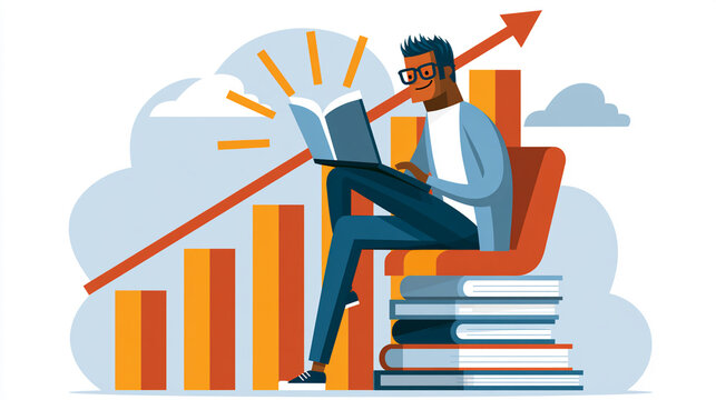 A young man sits comfortably reading a book while surrounded by stacked books and a rising graph, symbolizing growth and knowledge in a modern business environment.