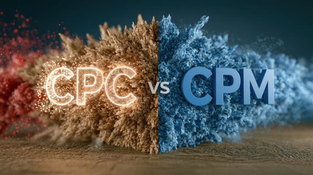 A digital comparison of CPC versus CPM represented by textured, split color abstract shapes in brown and blue tones.