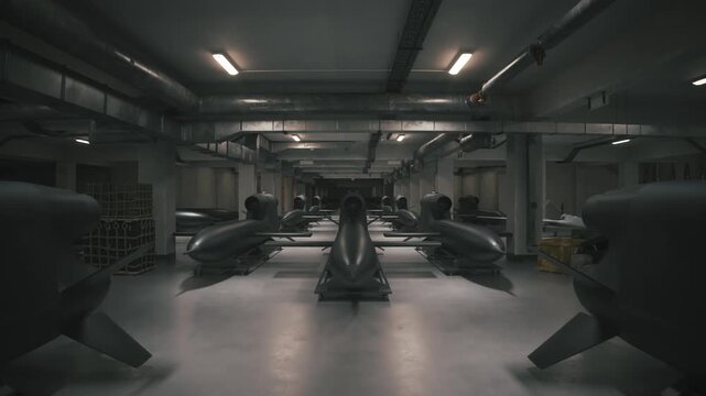 Underground Military Warehouse Filled with Cruise Missiles and Armed Combat Drones in Secret Concrete Bunker