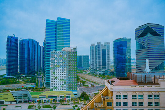 Songdo, Incheon, South Korea; 05 04 2025: The beautiful landscape of Songdo island International Business District (Songdo IBD) in South Korea. It is connected to Incheon airport