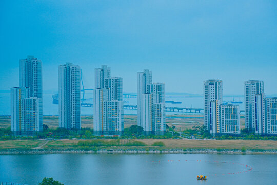 Songdo, Incheon, South Korea; 05 04 2025: The beautiful landscape of Songdo island International Business District (Songdo IBD) in South Korea. It is connected to Incheon airport