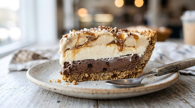 Slice of homemade ice cream pie with chocolate crust served on plate, delicious layered dessert with whipped cream and nuts for celebrations, perfect for national ice cream pie day