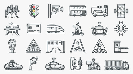 Modern Black and White Line Icons Set Featuring Urban Transportation Traffic and Smart City Elements © Harohi