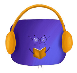 Cute cartoon purple monster character wearing glasses and large yellow headphones while reading a book. Funny smart alien or cosmic creature listening to music or audiobook. 