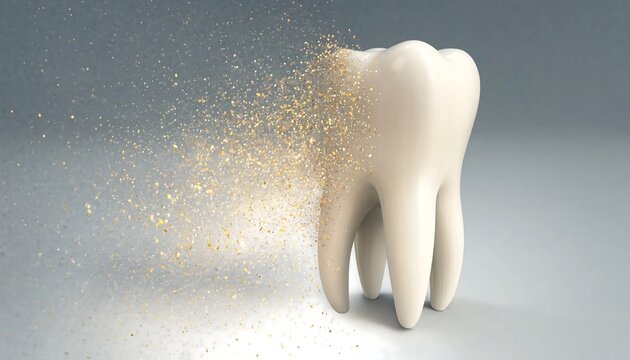 A single white human tooth disintegrating into golden glowing particles