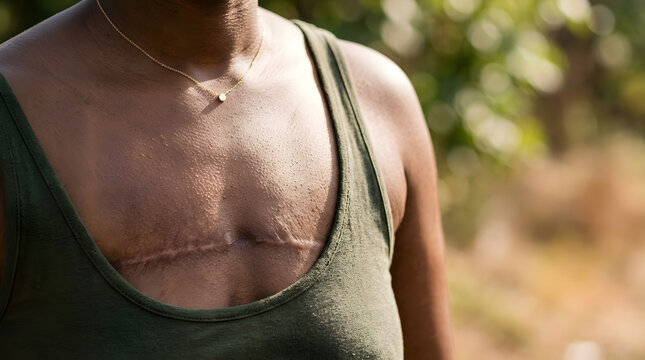 Close up of surgical scar on chest of person wearing green tank top and gold necklace outdoors