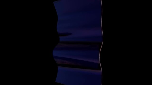 Abstract twilight landscape with deep blue and purple gradients, featuring a serene horizon and subtle pink glow, framed by wavy edges