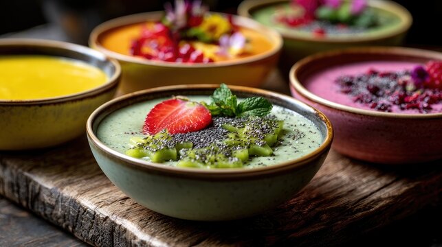 Vibrant fruit bowls with seeds and mint, artfully arranged on wood