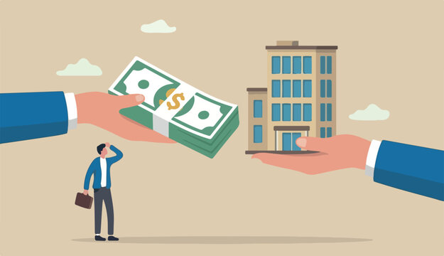 Company buyout, acquisition agreement selling company offer merger, franchise business concept, businessman offer money buy hand offer into company shop building