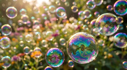 Obraz premium Soap bubbles glisten in the late afternoon sun, displaying swirling rainbow hues on their fragile, curved surfaces as they hover above a blurred, verdant garden filled with warm light.