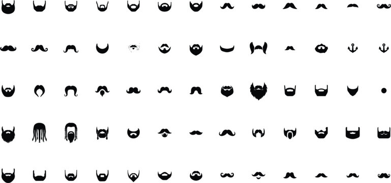 Mega Set of Men Beard and Mustache Icons Featuring Diverse Facial Hair Styles, Whiskers, and Goatees Vector Elements for Barber Shop Branding