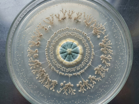 Unique mold growth pattern displayed in petri dish, showcasing intricate designs and colors