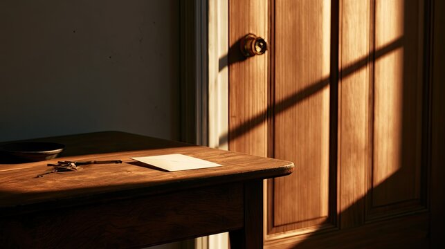 Warm sunlight streams across a wooden desk with stationery, near a closed door