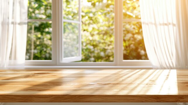 Sunlight streams through an open window, illuminating a wooden surface