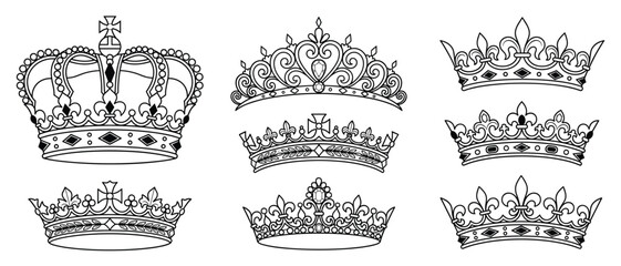 Royal crown vector set with king queen tiara jewel cross and fleur de lis outline illustration for coronation logo and monarchy emblem design © Ahmed