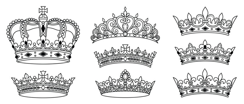 Royal crown vector set with king queen tiara jewel cross and fleur de lis outline illustration for coronation logo and monarchy emblem design