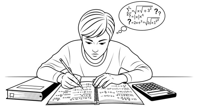 Student thinking about complex mathematical equations while studying