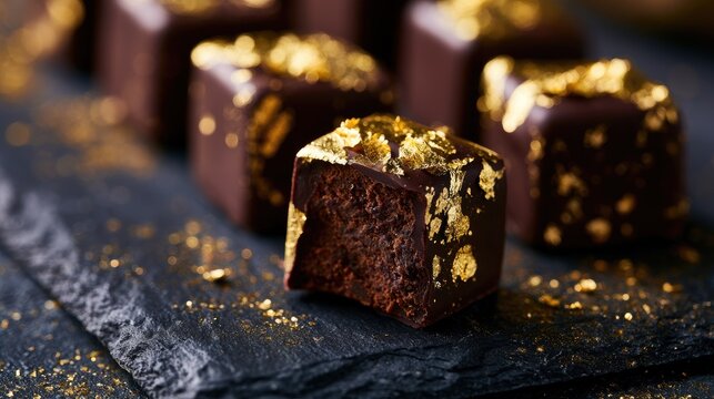 Rich, dark chocolate confections adorned with shimmering gold leaf on a slate surface